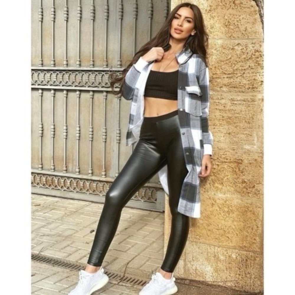 Black Plaid Long Sleeve Oversized Loose Fit Long Midi Shacket Jacket Coat - Picture 1 of 8